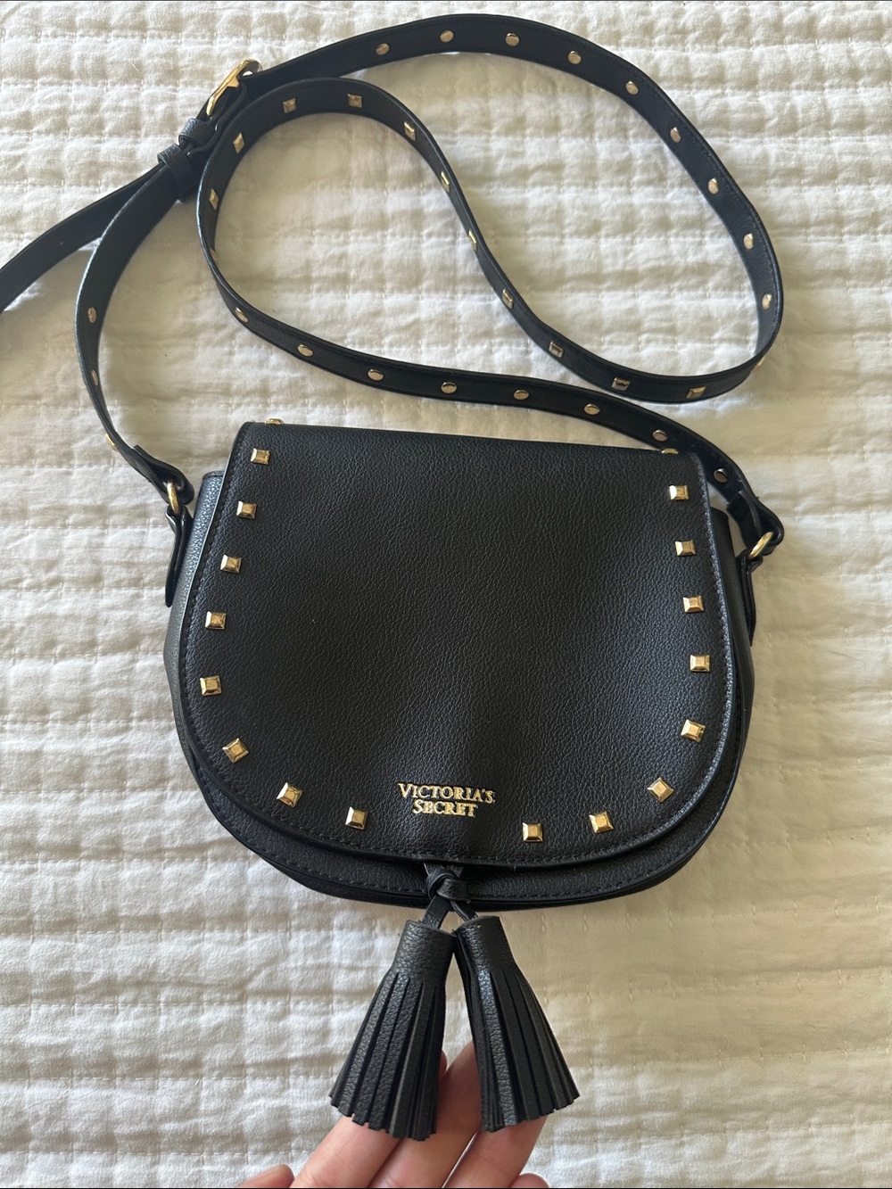 Victoria's Secret Black Crossbody with Gold Studs and Tassels